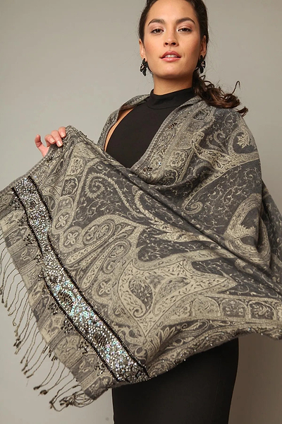 Hand Embroidered Ikat Scarf Dim Gray