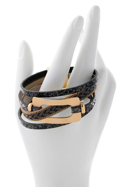 Vegan Leather Buckle Bracelet - SAACHI - Black & Gold - Leather Bracelet