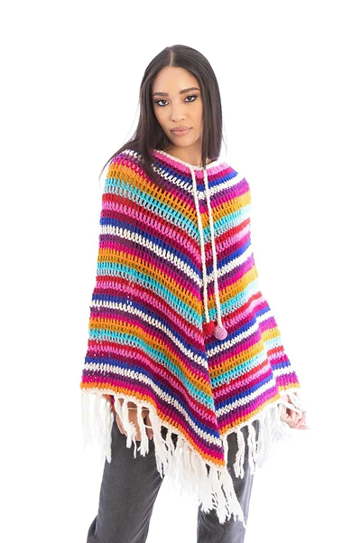 Open Weave Crochet Rainbow Poncho - SAACHI - White - Ponchos