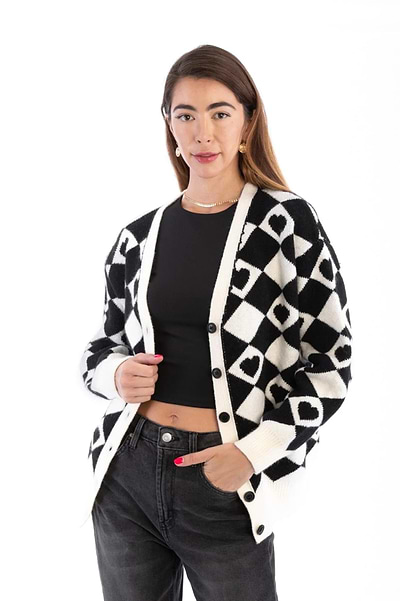 Checkered Hearts Cardigan - SAACHI - White / One Size — Fits All - Cardigan