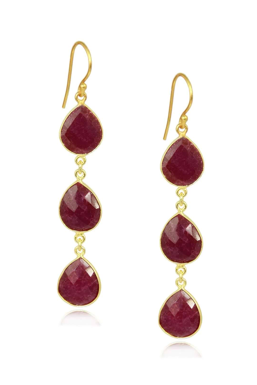 Triple Drop Gemstone Earring Maroon