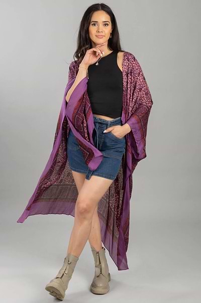 Tapestry Print Kimono - SAACHI - Purple / One Size — Fits All - Ruana
