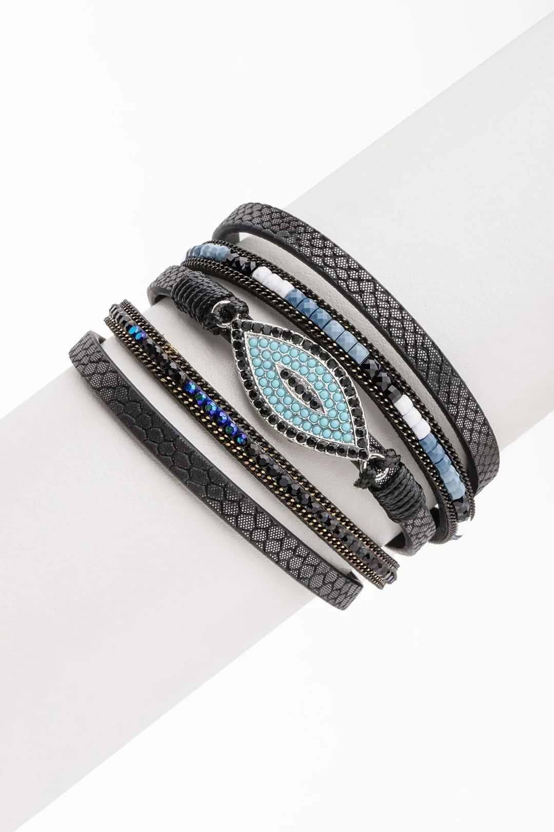 Vegan Leather Evil Eye Bracelet Black