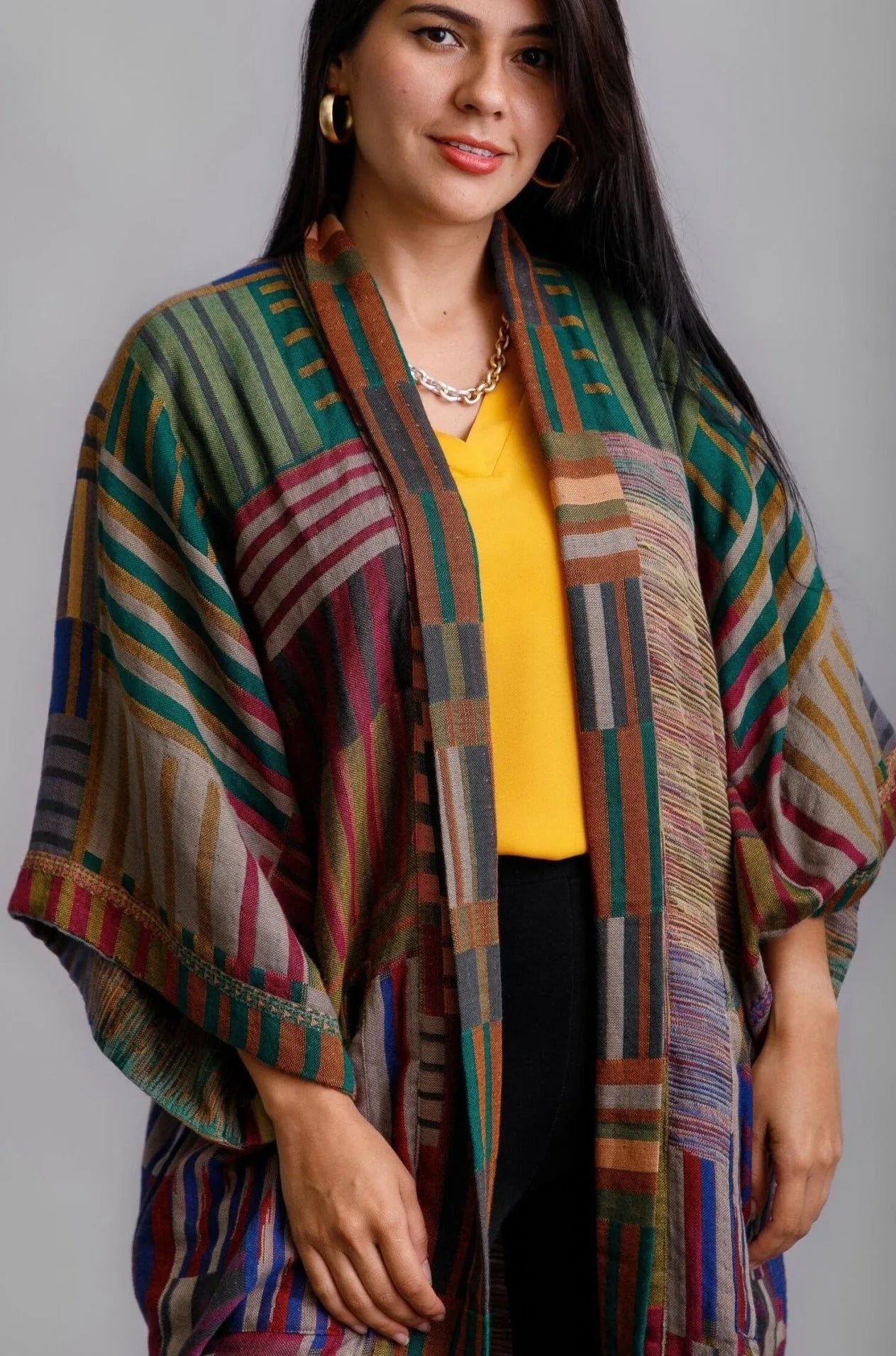 Woven Long Cotton Kimono Jacket Dark Multi