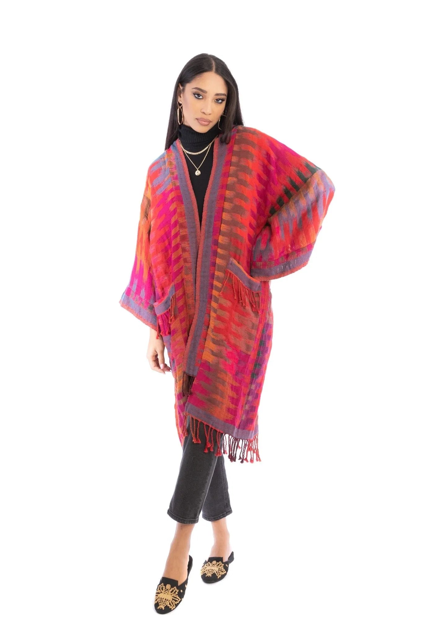 Cotton Retro Striped Fringe Long Jacket Pale Violetred