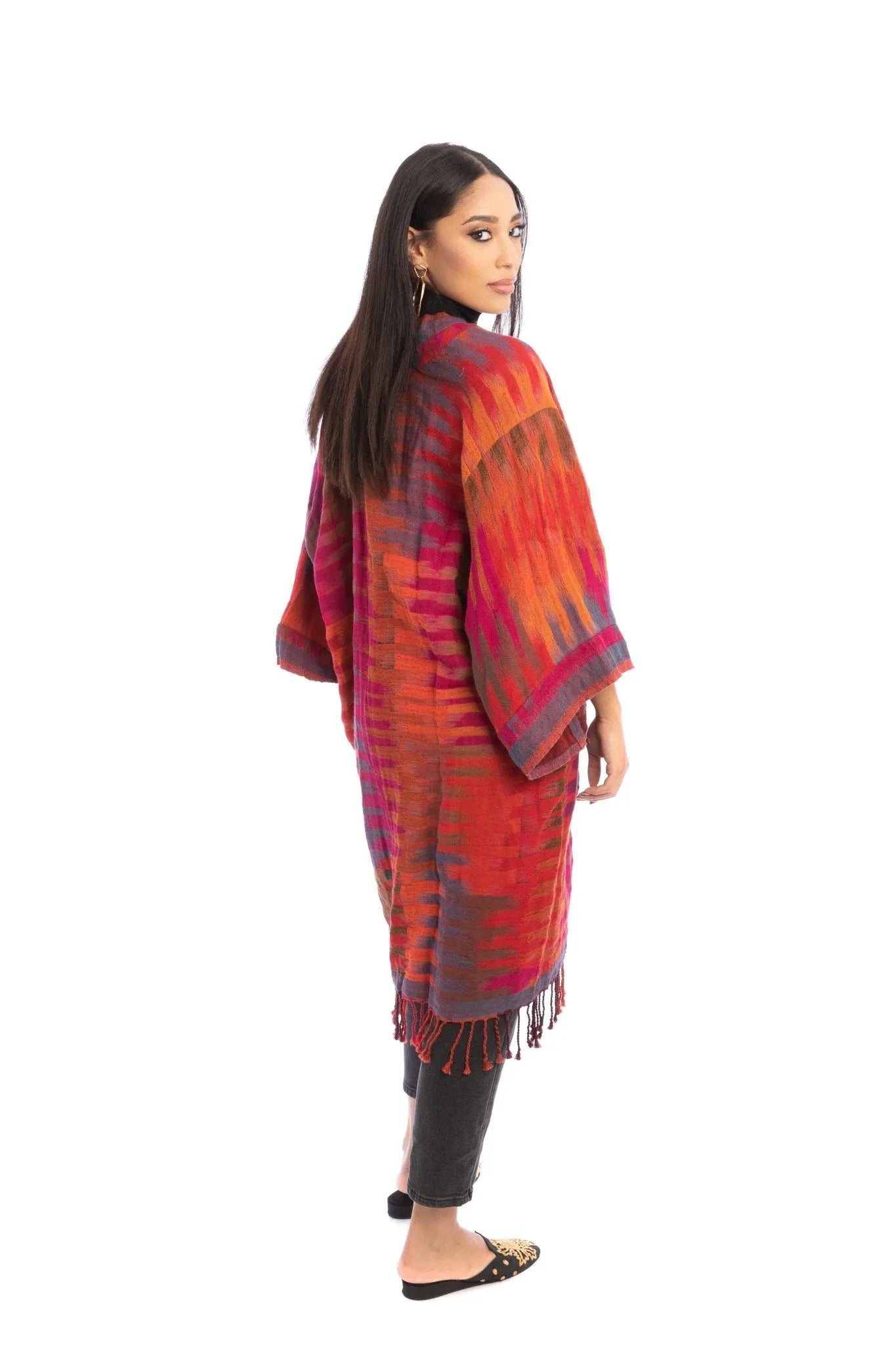 Cotton Retro Striped Fringe Long Jacket Pale Violetred