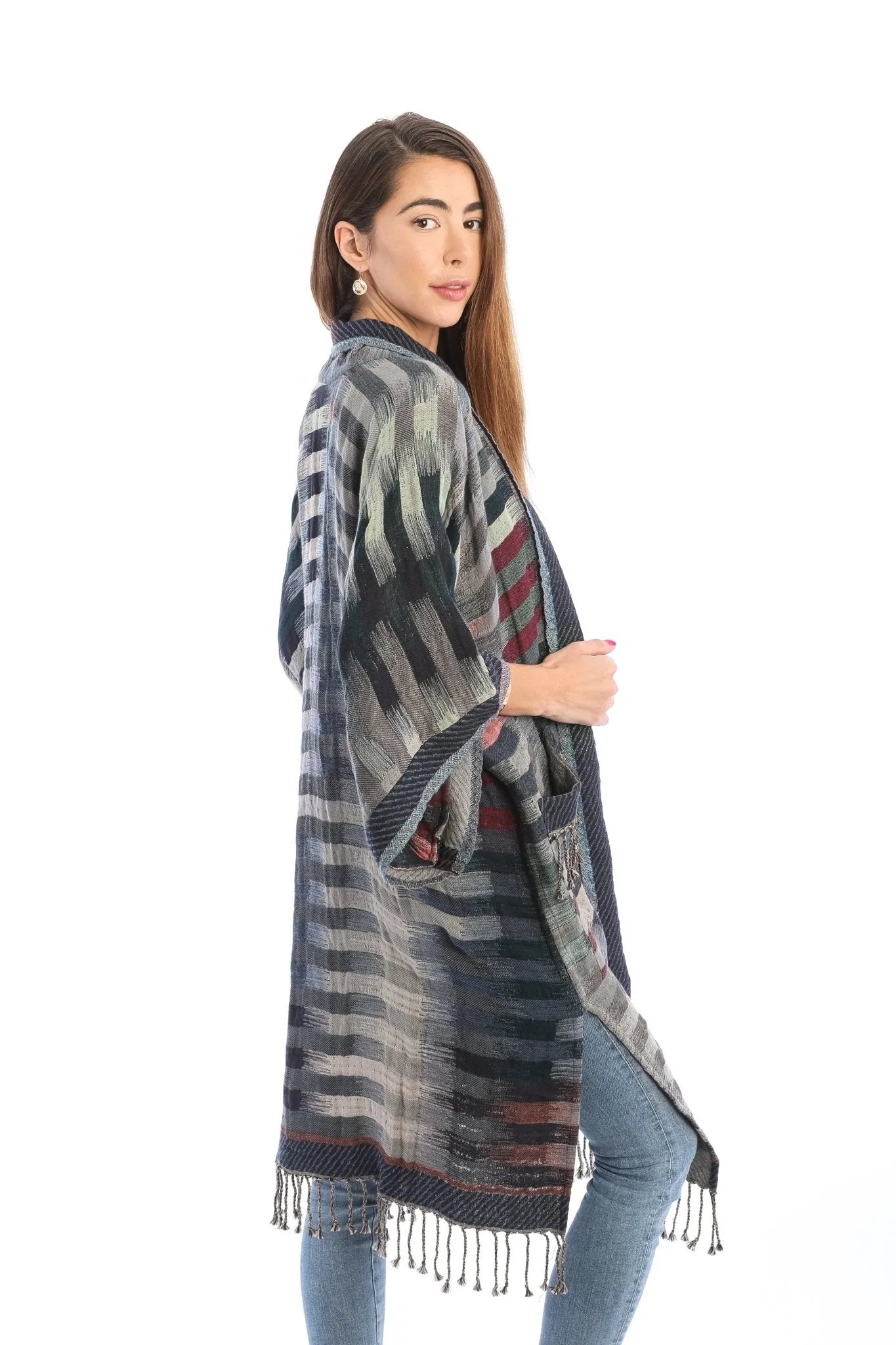 Cotton Retro Striped Fringe Long Jacket Gray