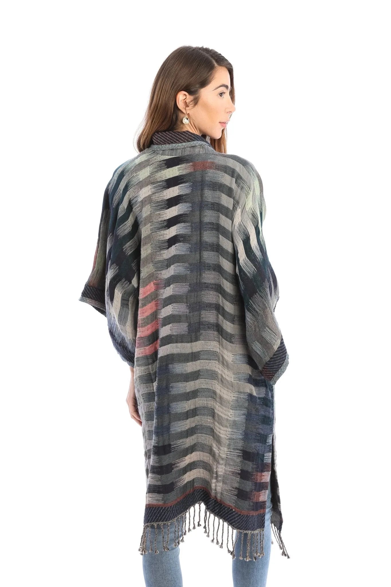 Cotton Retro Striped Fringe Long Jacket Gray