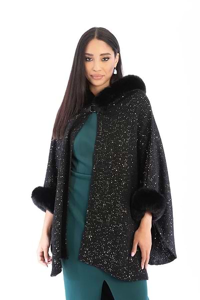 Faux Fur Under The Stars Hooded Kimono Black