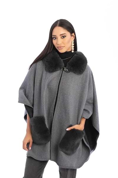 Delilah Faux Fur Pocketed Kimono Dark Gray