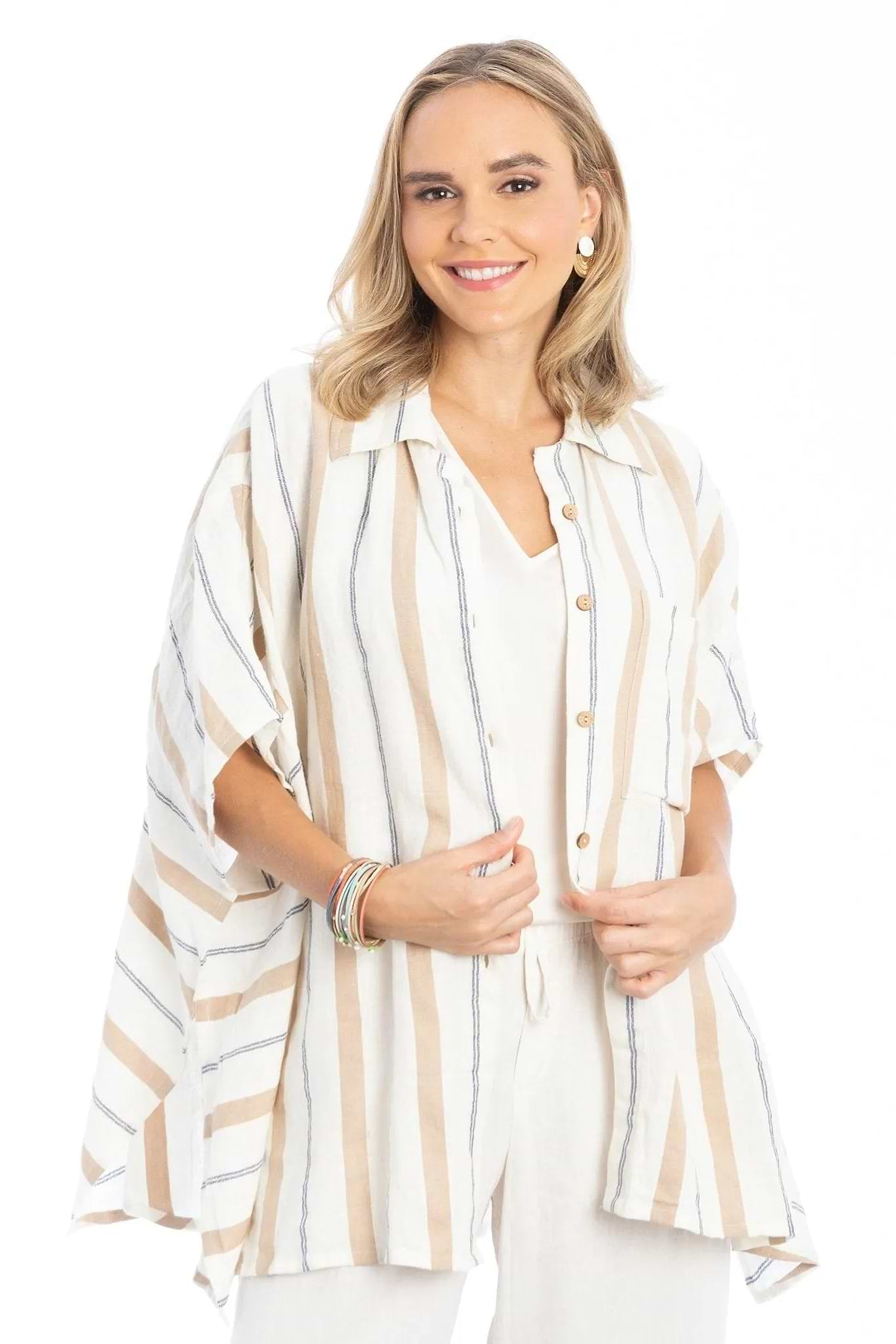 Oversized Striped Linen Cotton Shirt Ivory