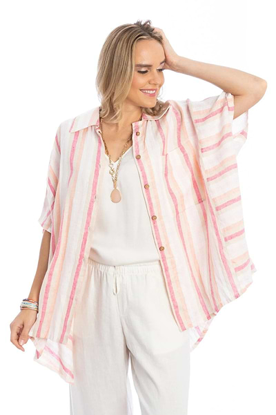 Oversized Striped Linen Shirt - SAACHI - Pink / One Size — Fits All - Kimono