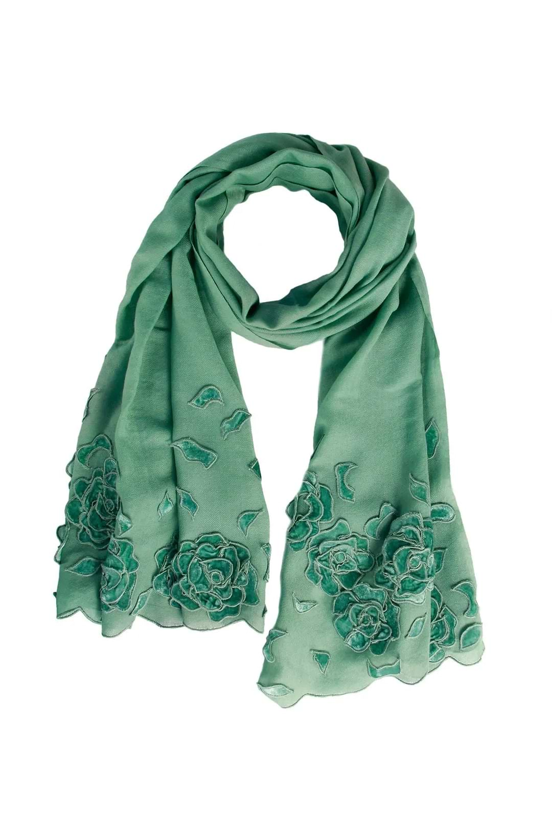 Woolen Velvet Flower Embroidered Scarf Medium Sea green