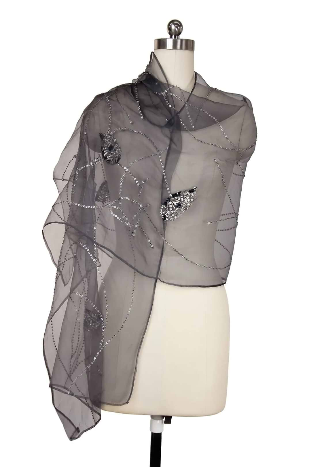 Organza Embellished Silk Scarf Gray