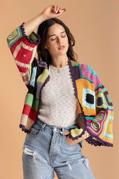 Multicolored Crochet Cardigan Cotton Jacket Dark Multi