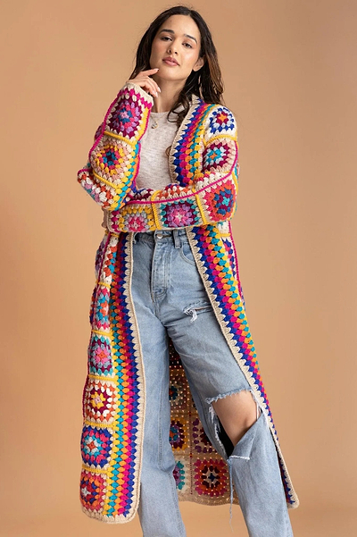 Granny Square Crochet Multi Kimono Ivory