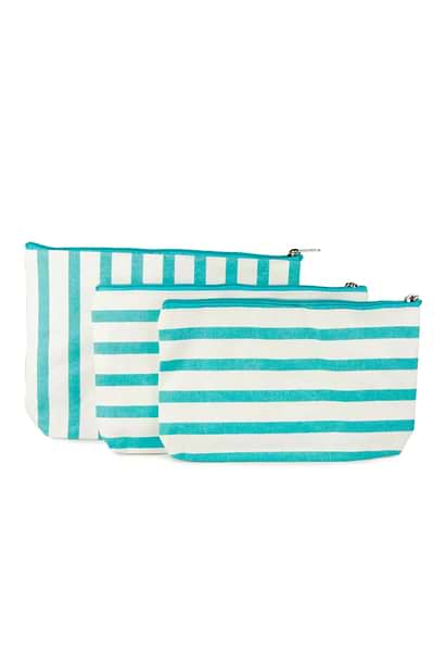 Turquoise Striped Cosmetics Bag Set of 3 Turquoise