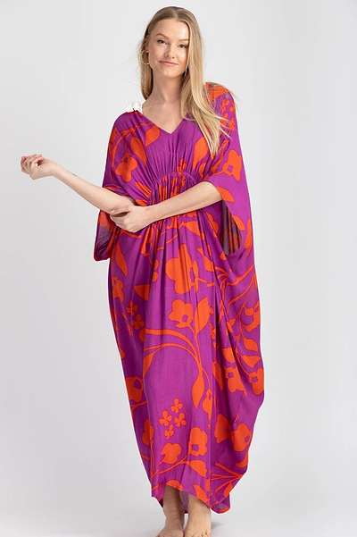 Shadow Floral Print Maxi Kaftan - SAACHI - Deep Pink - Kimonos