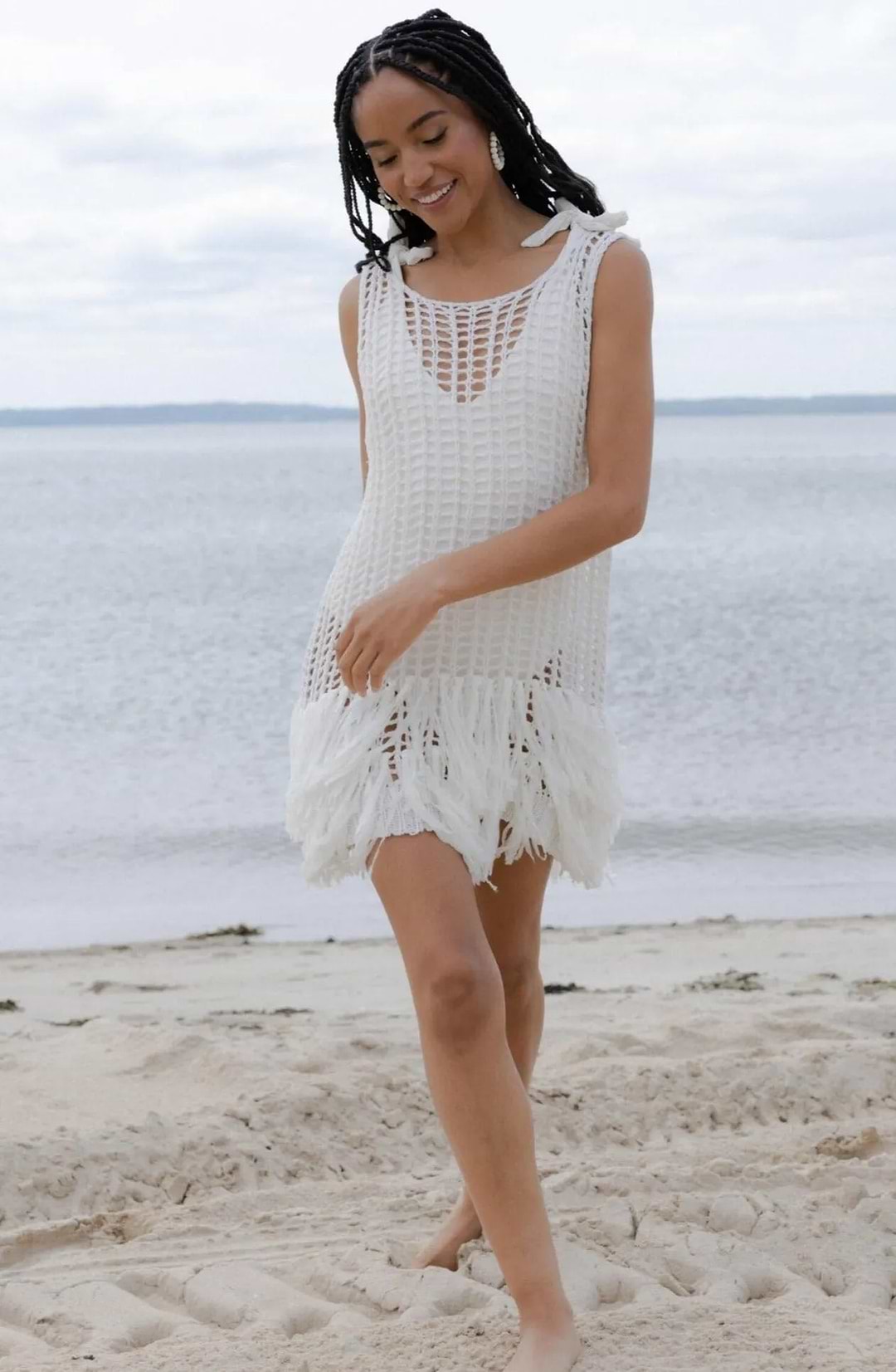 Saachi Women's Fringe Trim Crochet Topper - White - Beachwear Saachi Women's Fringe Trim Crochet Topper - White - Beachwear