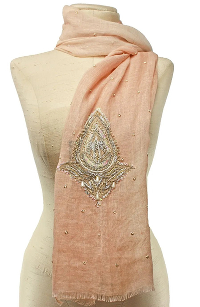 Ethnic Embroidered Leaf Scarf Bisque