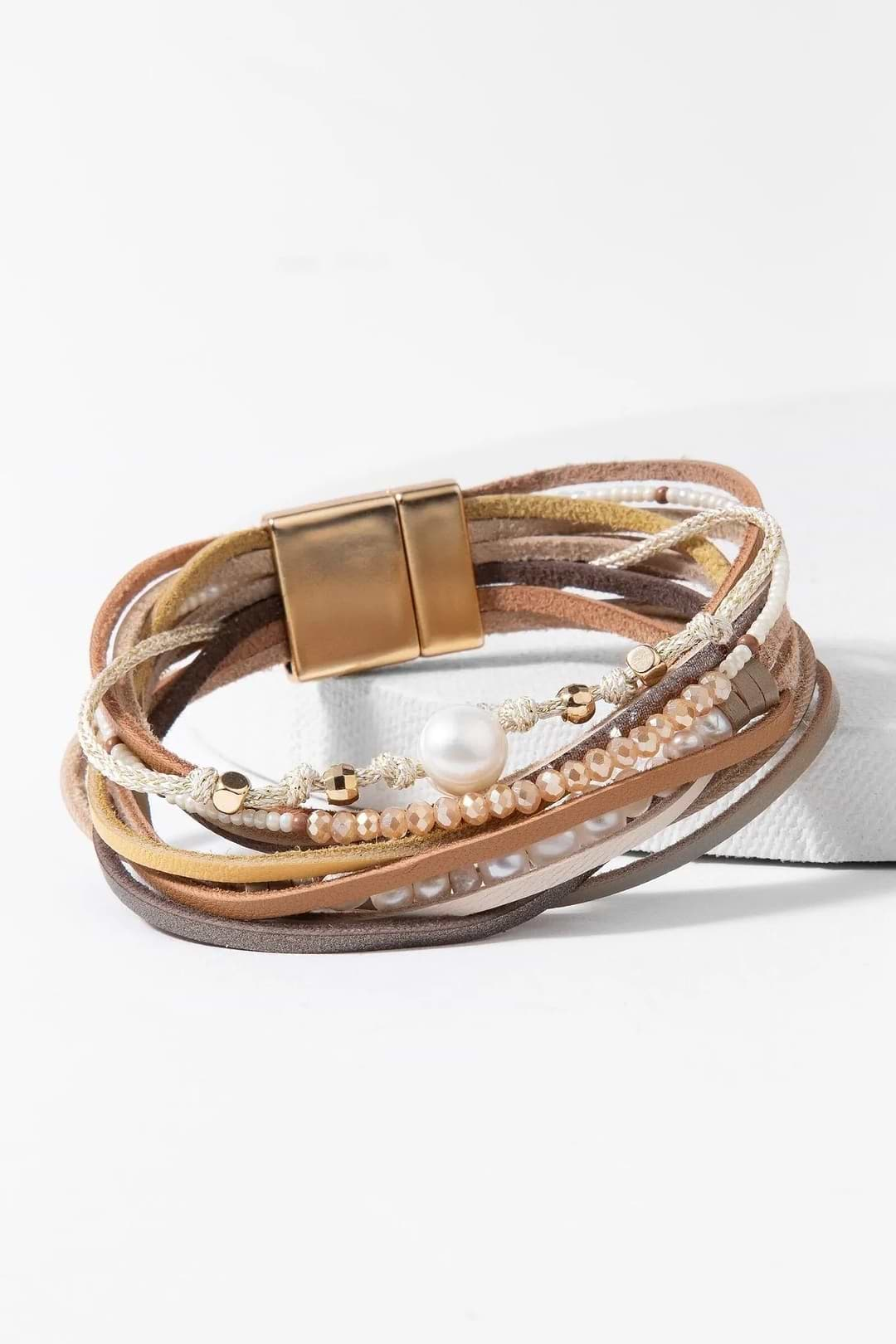 Grace Beaded Leather Bracelet Burly Wood