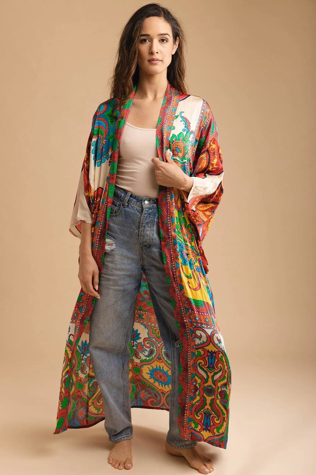 Margo Multi Paisley Print Kimono Orange