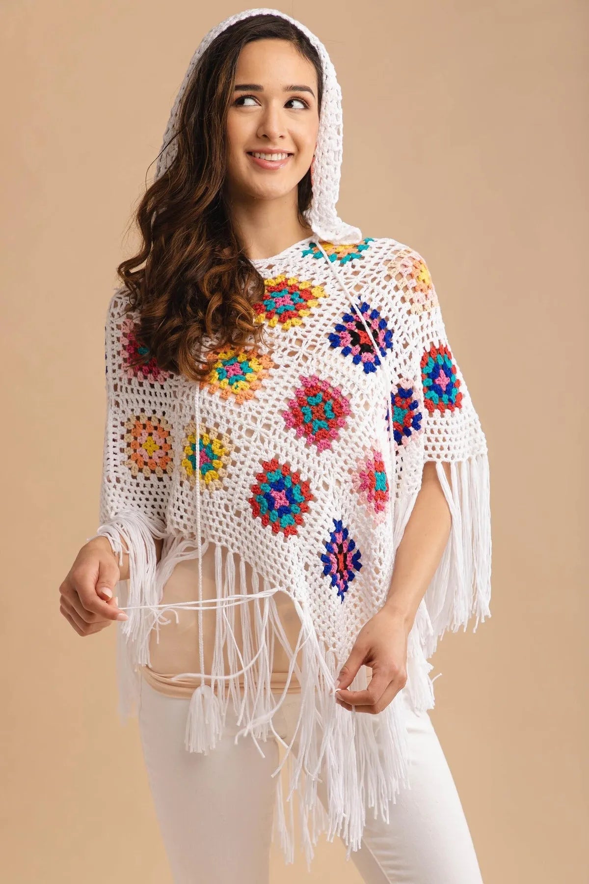 White Square Crochet Fringe Poncho White