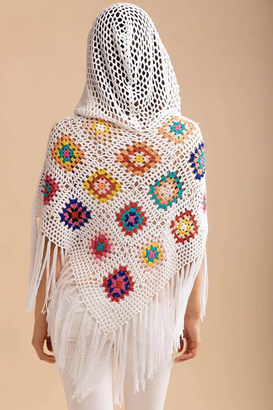 White Square Crochet Fringe Poncho White