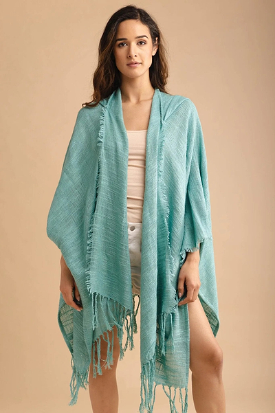 Dawn To Dusk Cotton Hooded Kimono - SAACHI - Medium Turquoise - Kimono