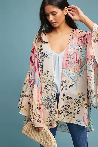 Mystical Garden Ruffle Sleeve Kimono - SAACHI - Peachpuff - Kimono