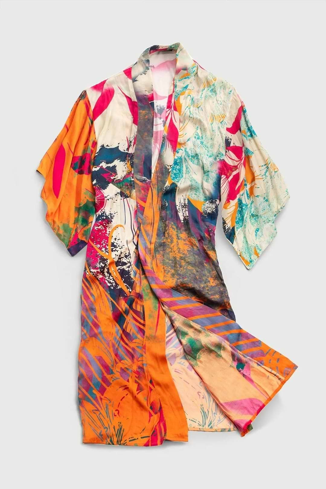 Vibrant Satin Kimono Abstract Dark Orange