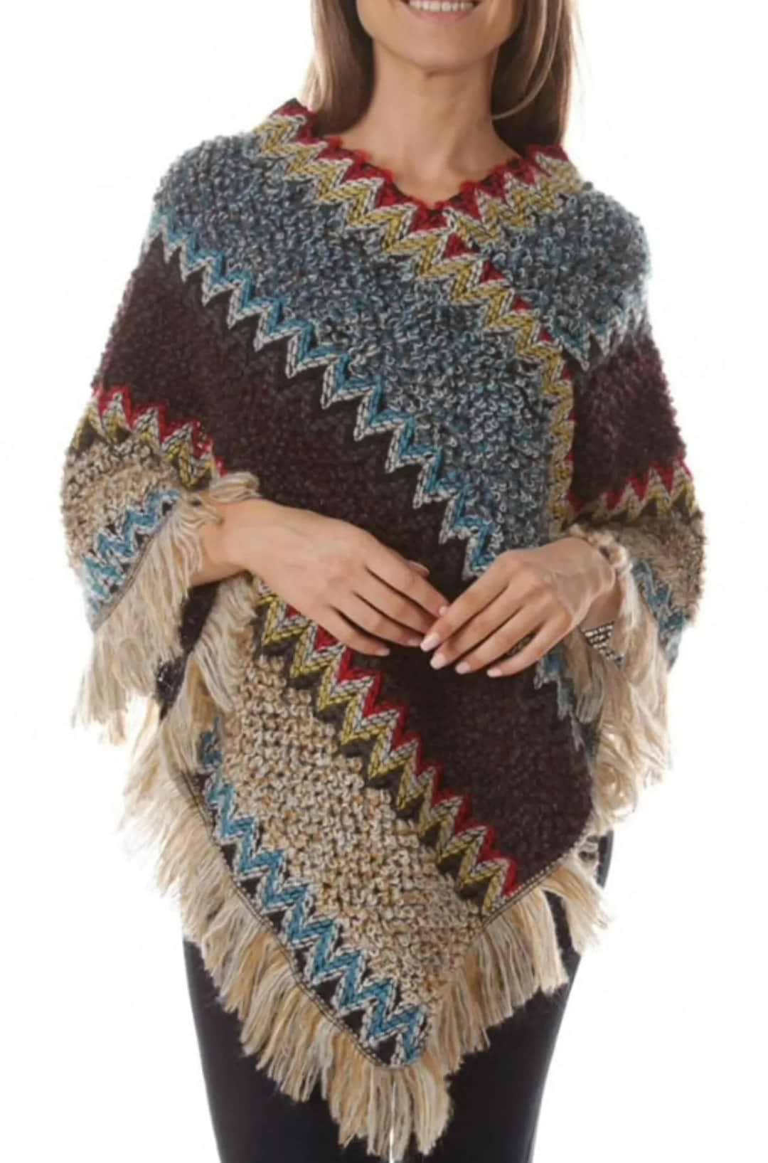 Viola Multi Knit Poncho Saddle Brown