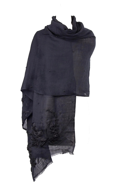 Cary Floral Embroidered Black Scarf - SAACHI