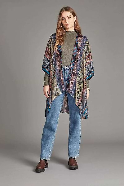 Bohemian Multi Burnout Velvet Kimono - SAACHI - Dodger Blue / One Size — Fits All - Kimonos
