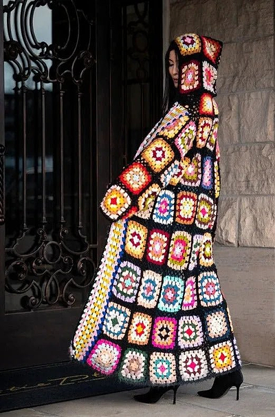 Hooded Granny Square Crochet Kimono - SAACHI