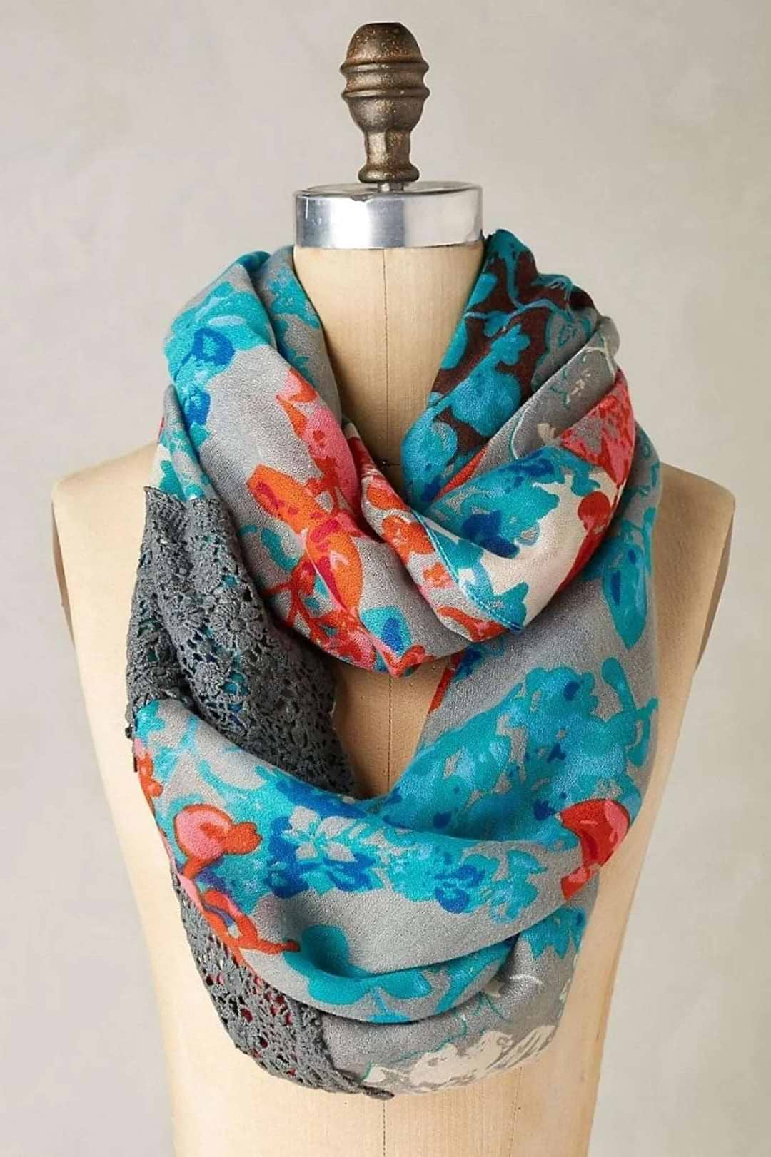 Blue Floral Lace Loop Scarf Light Sky Blue