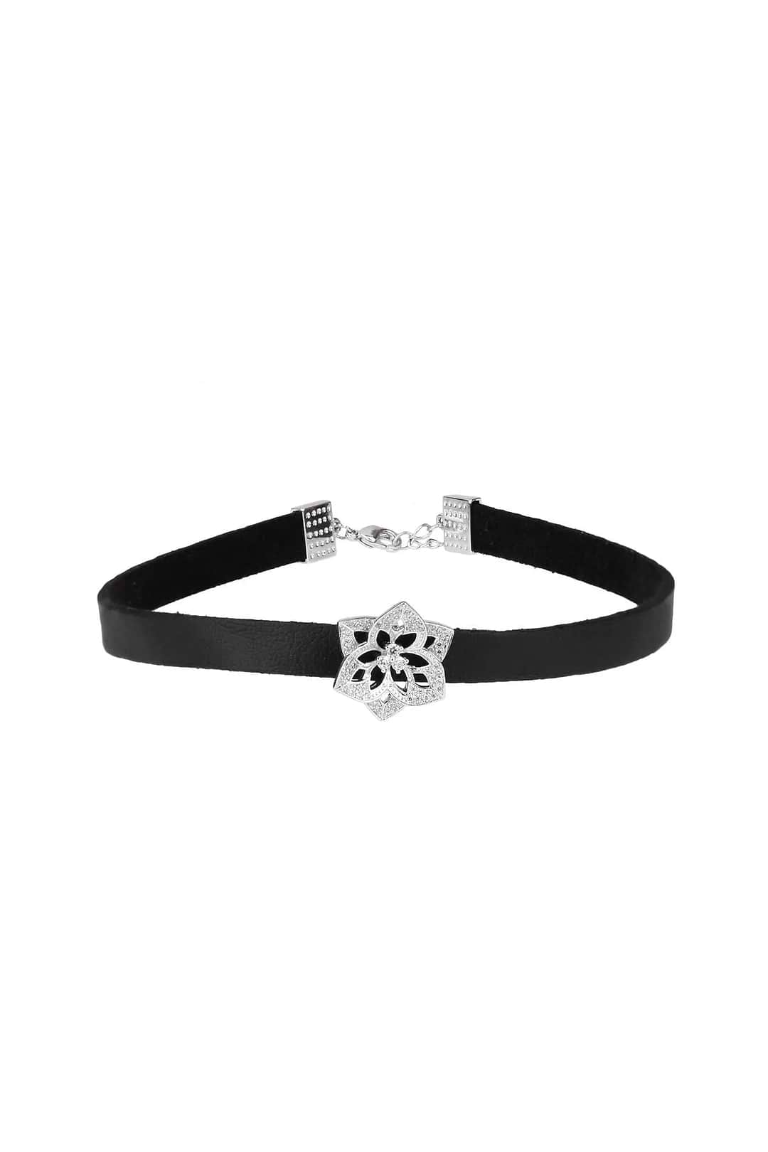 Crystal Flower Leather Choker Black