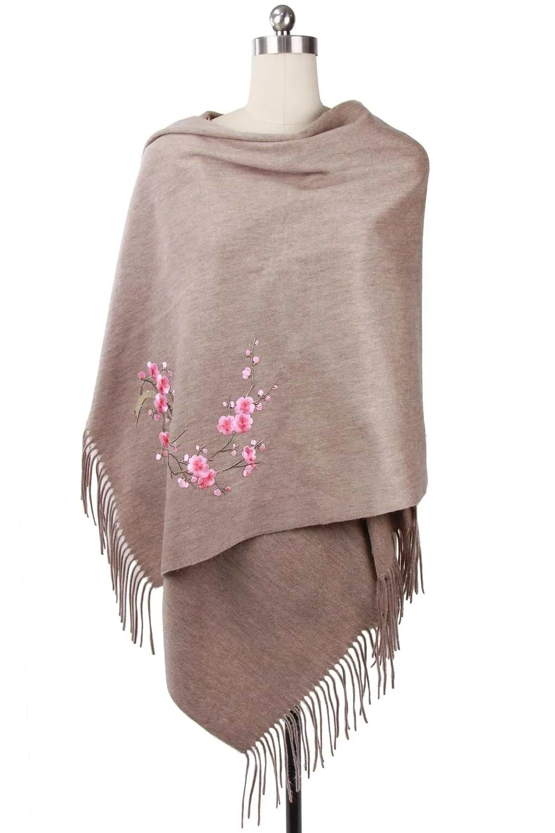 Embroidered Sakura Cherry Blossom Scarf Rosy Brown