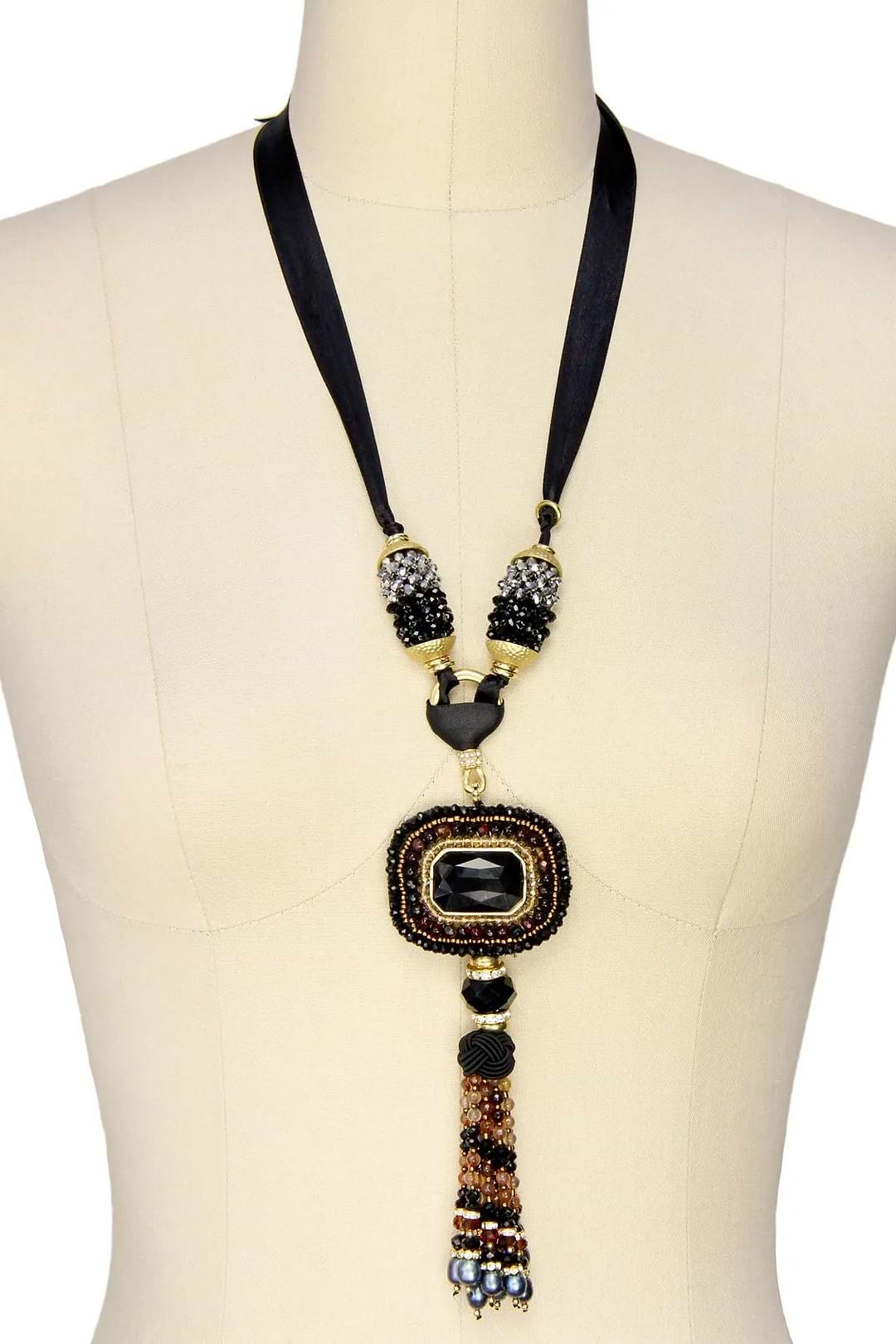 Tribal Tassel Ribbon Statement Necklace Black