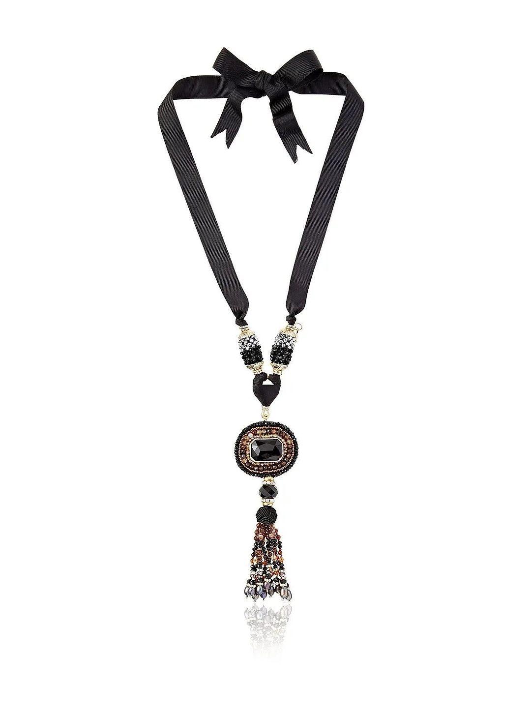 Tribal Tassel Ribbon Statement Necklace Black