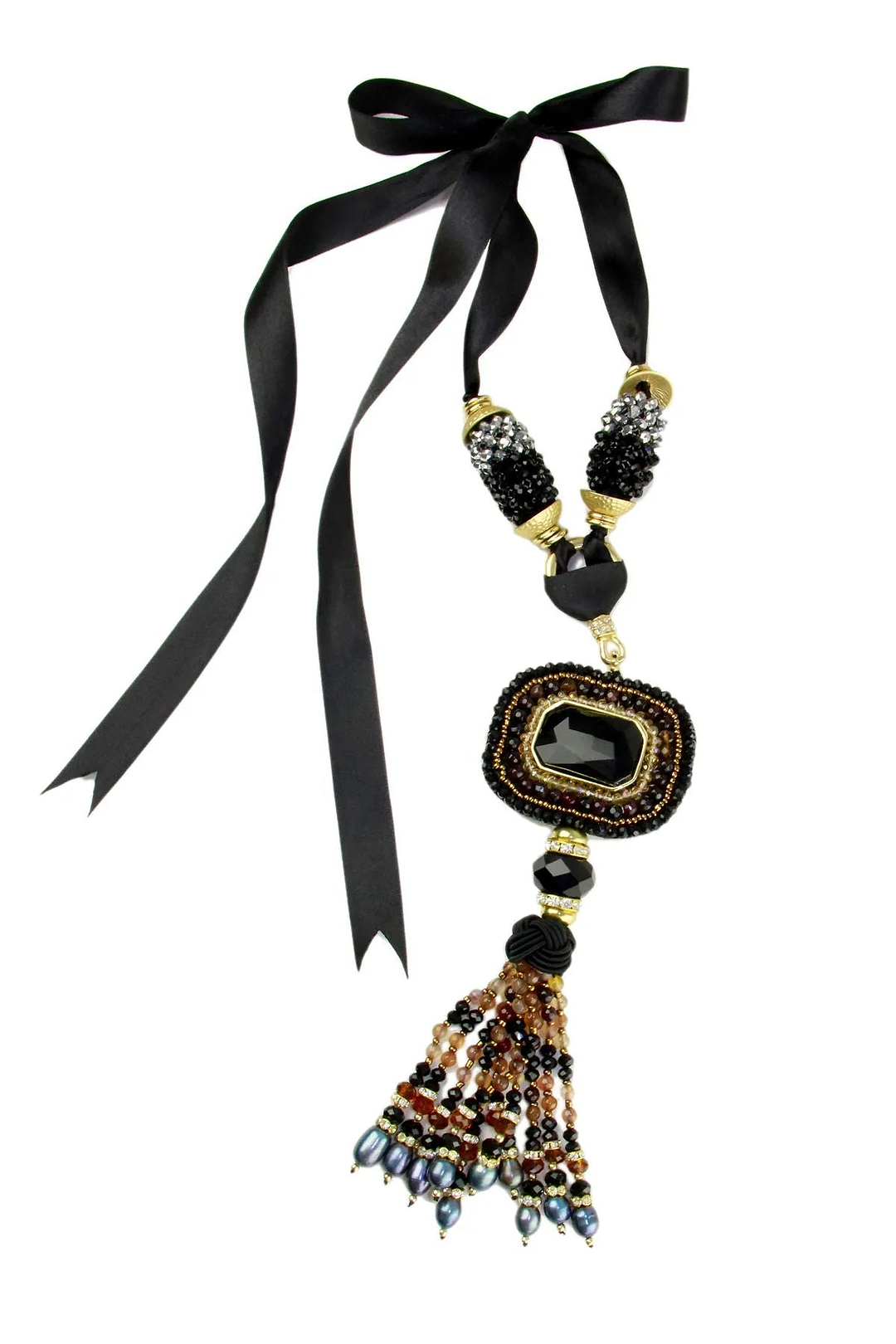 Tribal Tassel Ribbon Statement Necklace Black