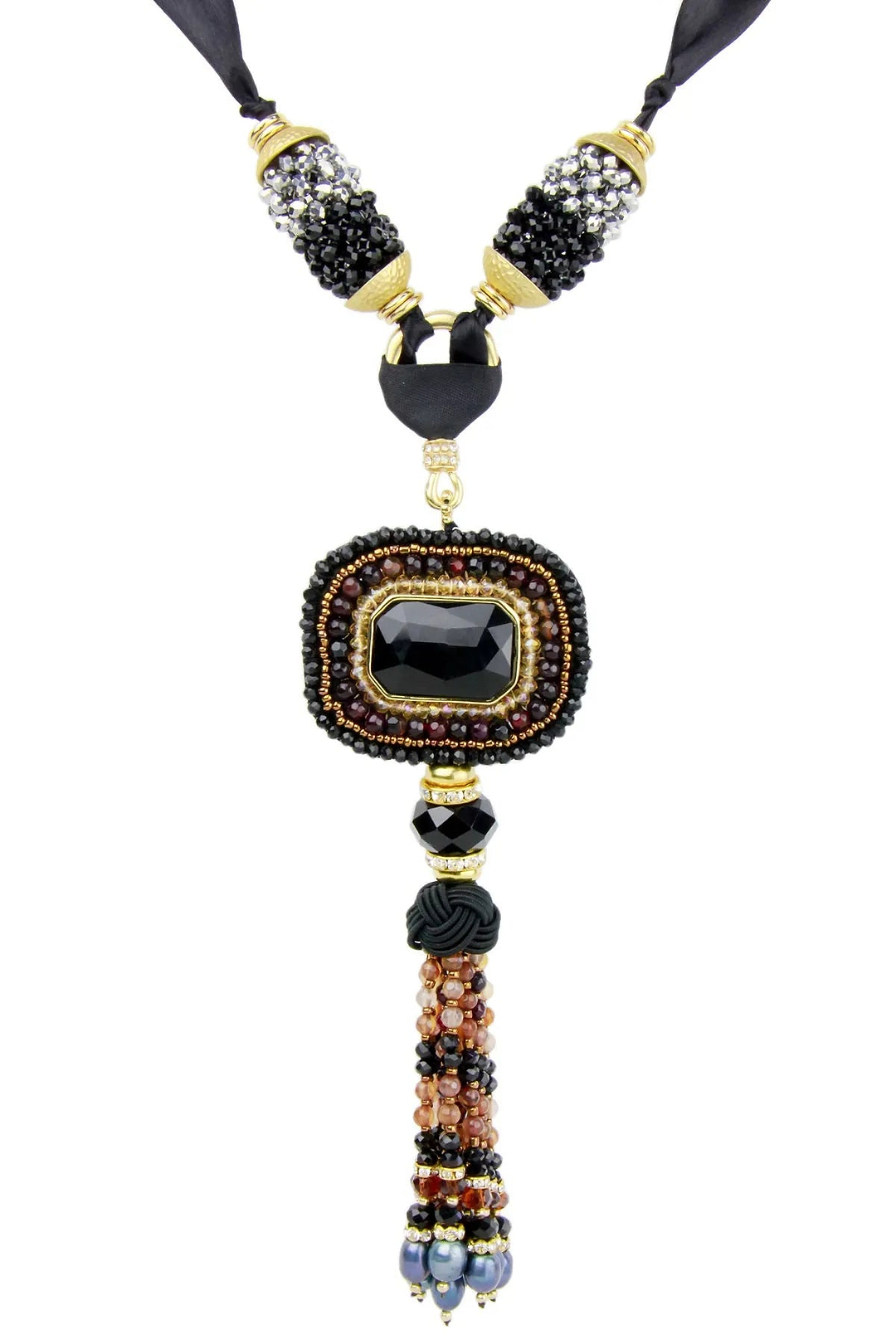 Tribal Tassel Ribbon Statement Necklace Black