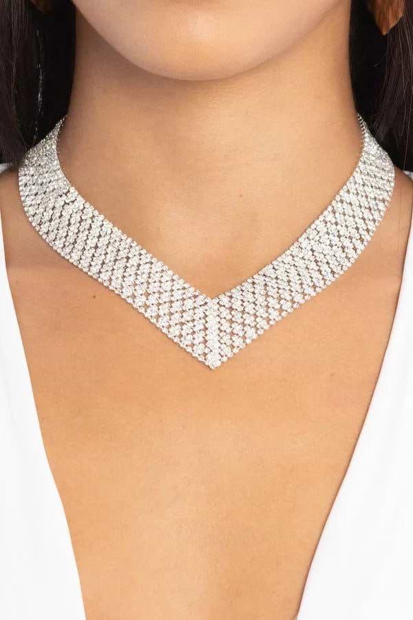 V Neck Crystal Necklace Silver