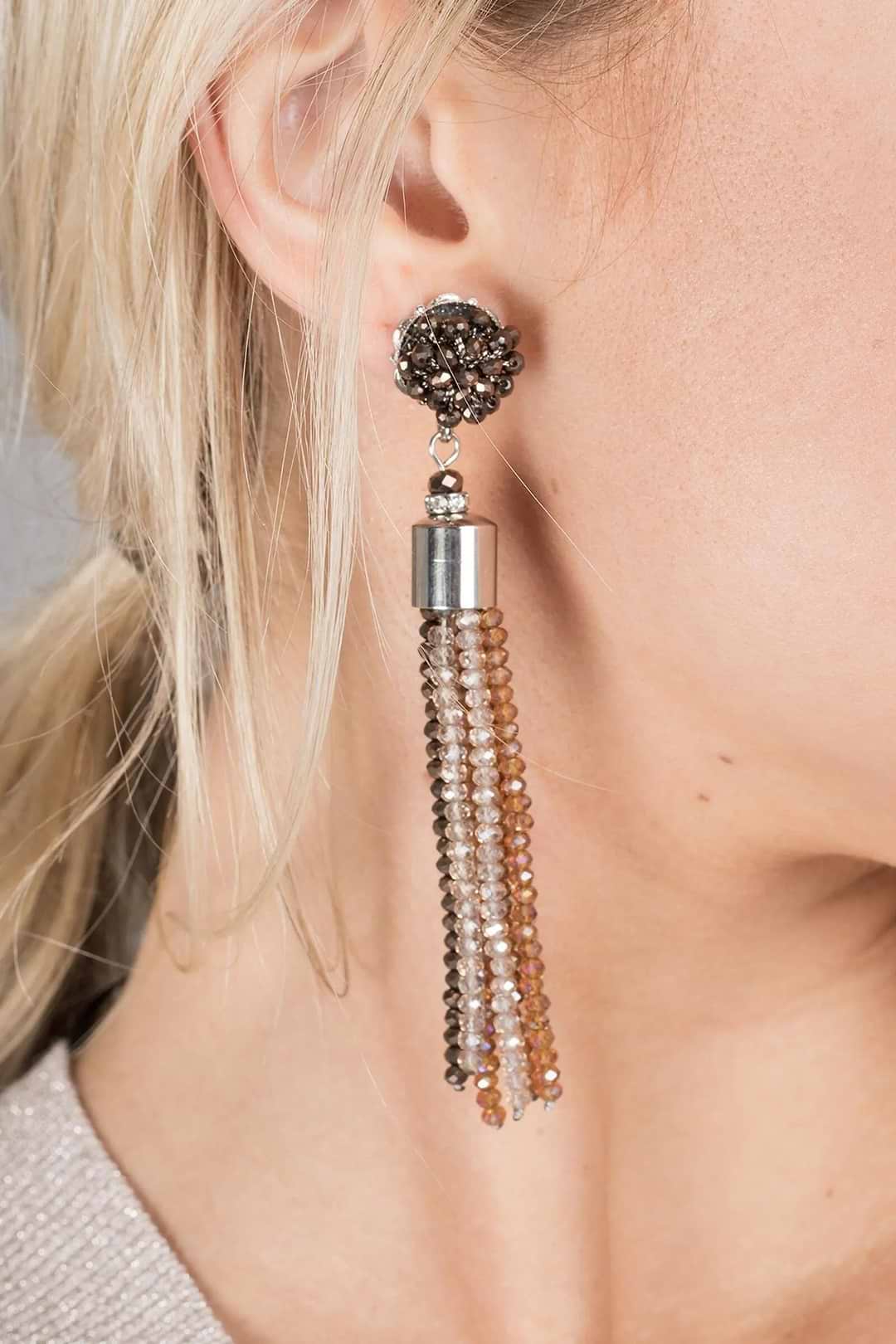 Multi Colored Crystal Tassel Earring Khaki