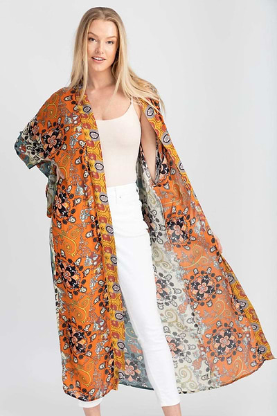 Aurora Long Kimono - SAACHI - Coral / One Size — Fits All - Kimono