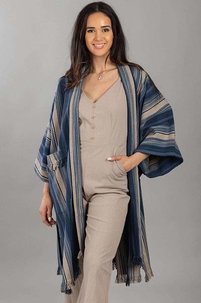 Antique Stripe Long Jacket - SAACHI - Steel Blue / One Size — Fits All - Kimonos