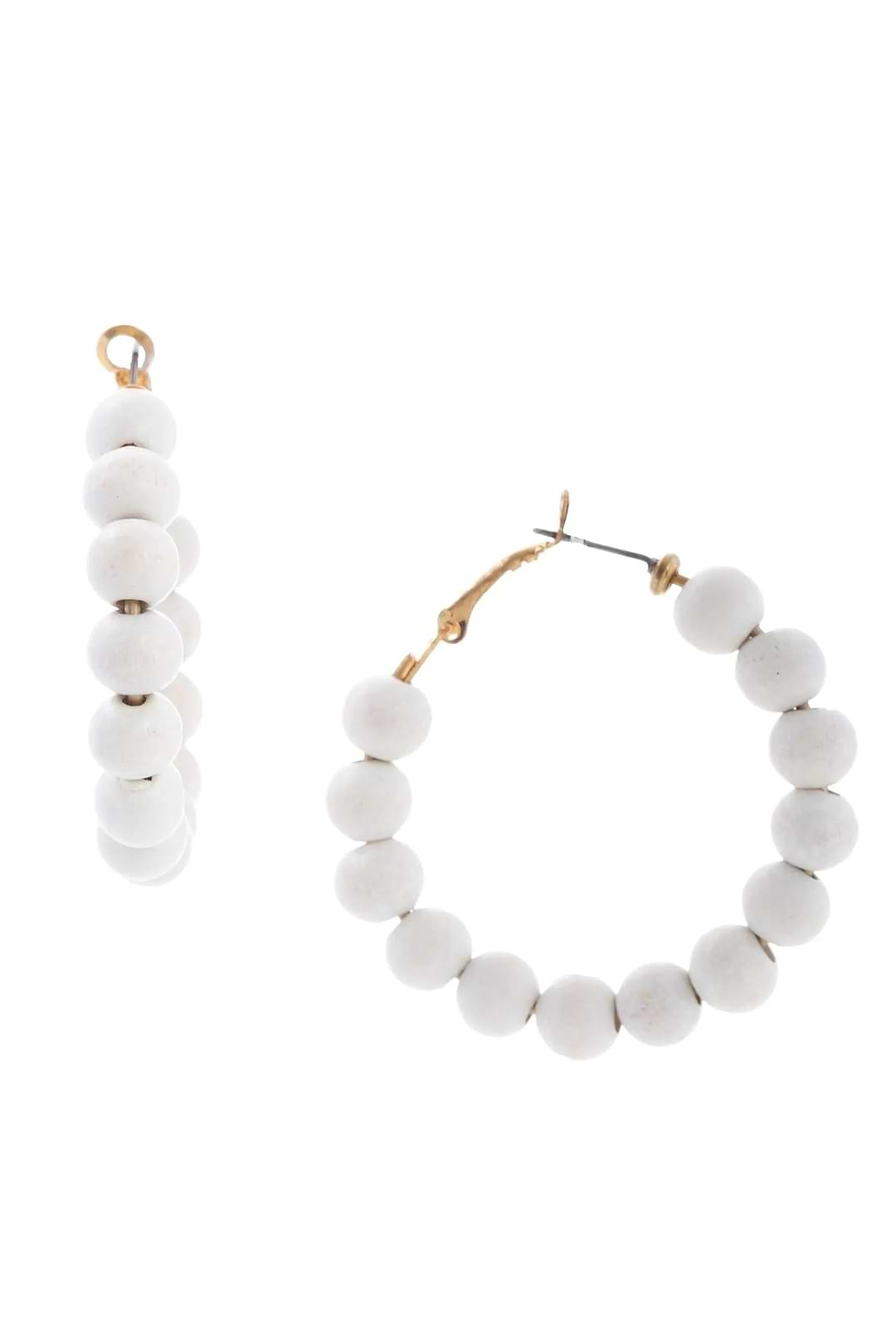 Wood Beaded Hoop Earrings White