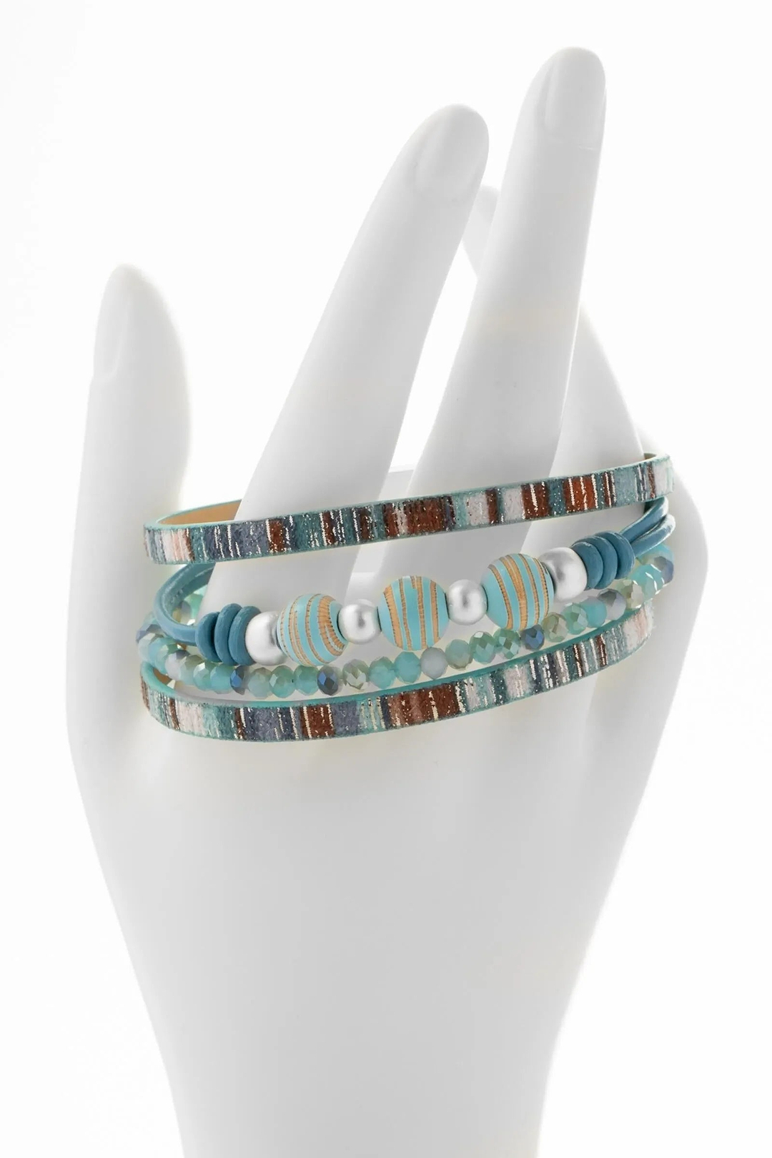 Cool-Toned Wood Beaded Leather Bracelet Dark Turquoise