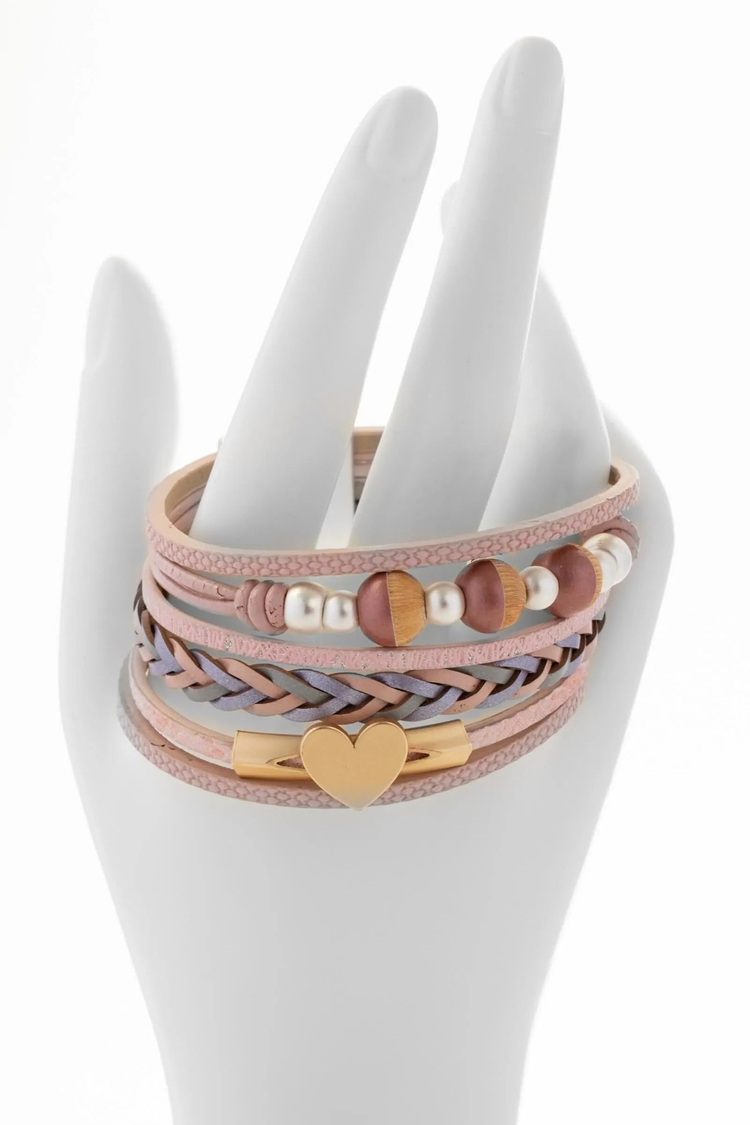 Wooden Beads Leather Bracelet Misty Rose