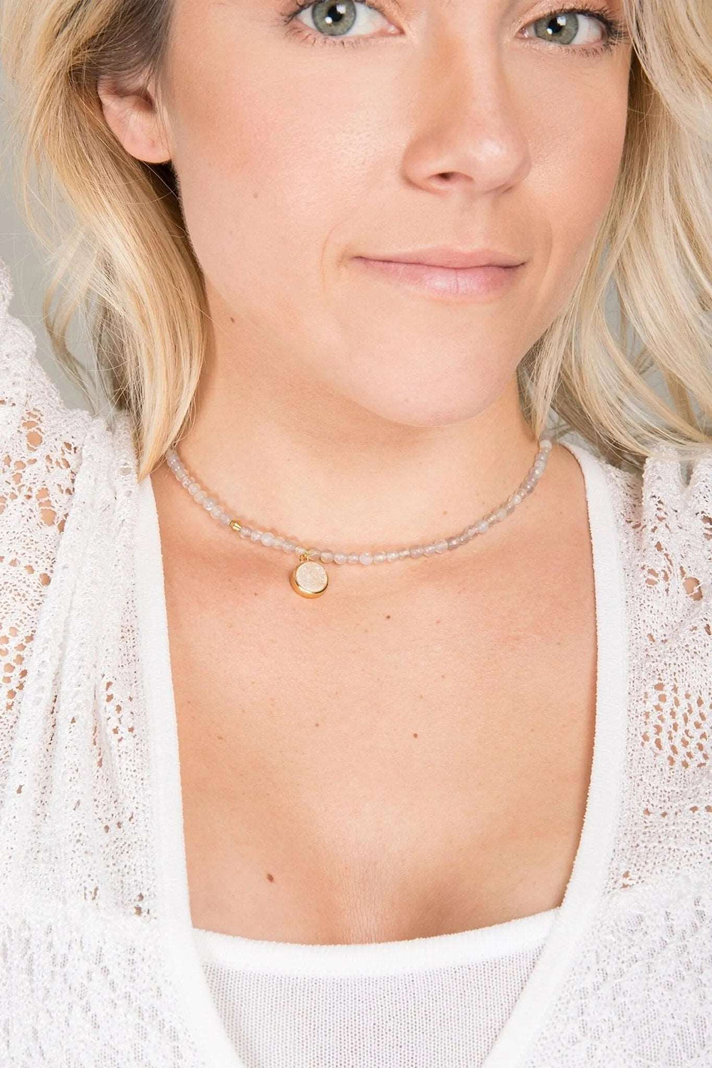 Agate Gemstone Beads Necklace with Druzy Pendant Papaya Whip
